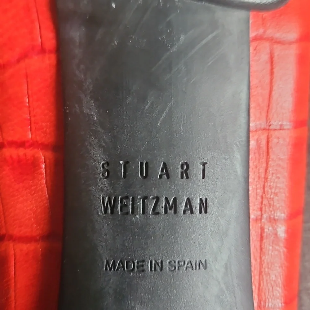 Red Stuart Weitzman patent Cocodrile leather loafers With Gold Trim - Picture 6 of 9